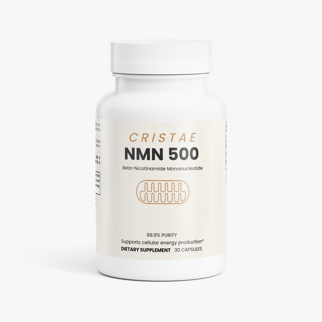 Cristae NMN 500 supplement bottle, 30 vegan capsules of 99.9% pure beta-nicotinamide mononucleotide