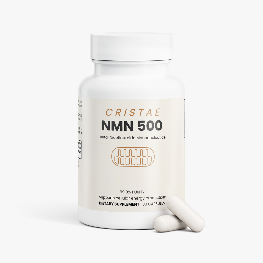 Cristae NMN 500 bottle showing the Supplement Facts panel with 500 mg beta-nicotinamide mononucleotide per capsule
