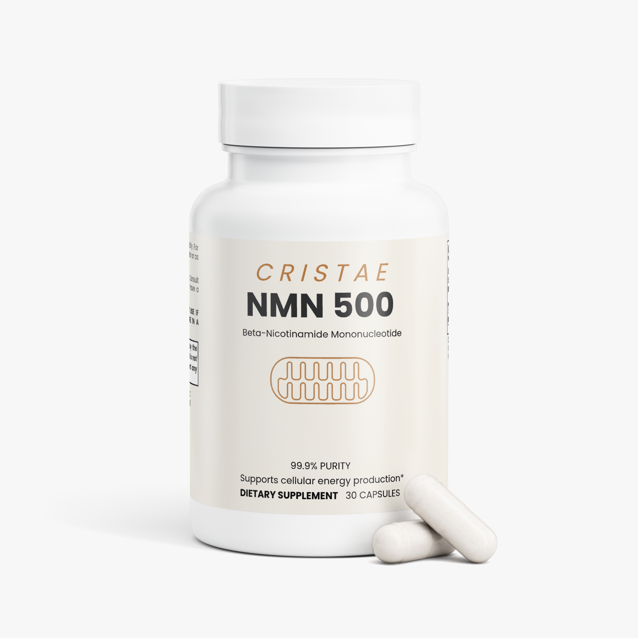 Cristae NMN 500 bottle showing the Supplement Facts panel with 500 mg beta-nicotinamide mononucleotide per capsule